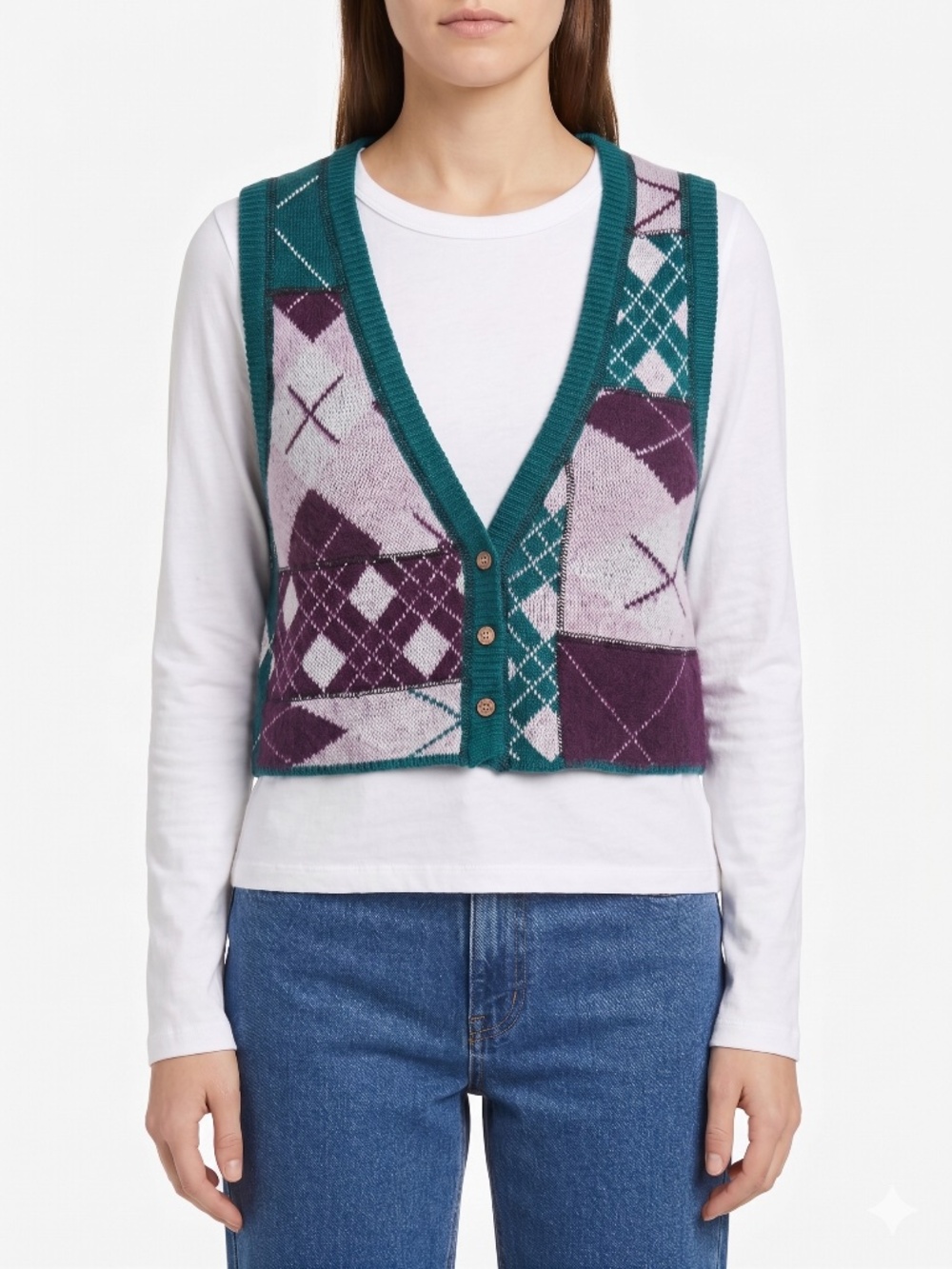Free People Cropped Argyle Sweater Vest V-Neck Patchwork Button Up Teal Purple S